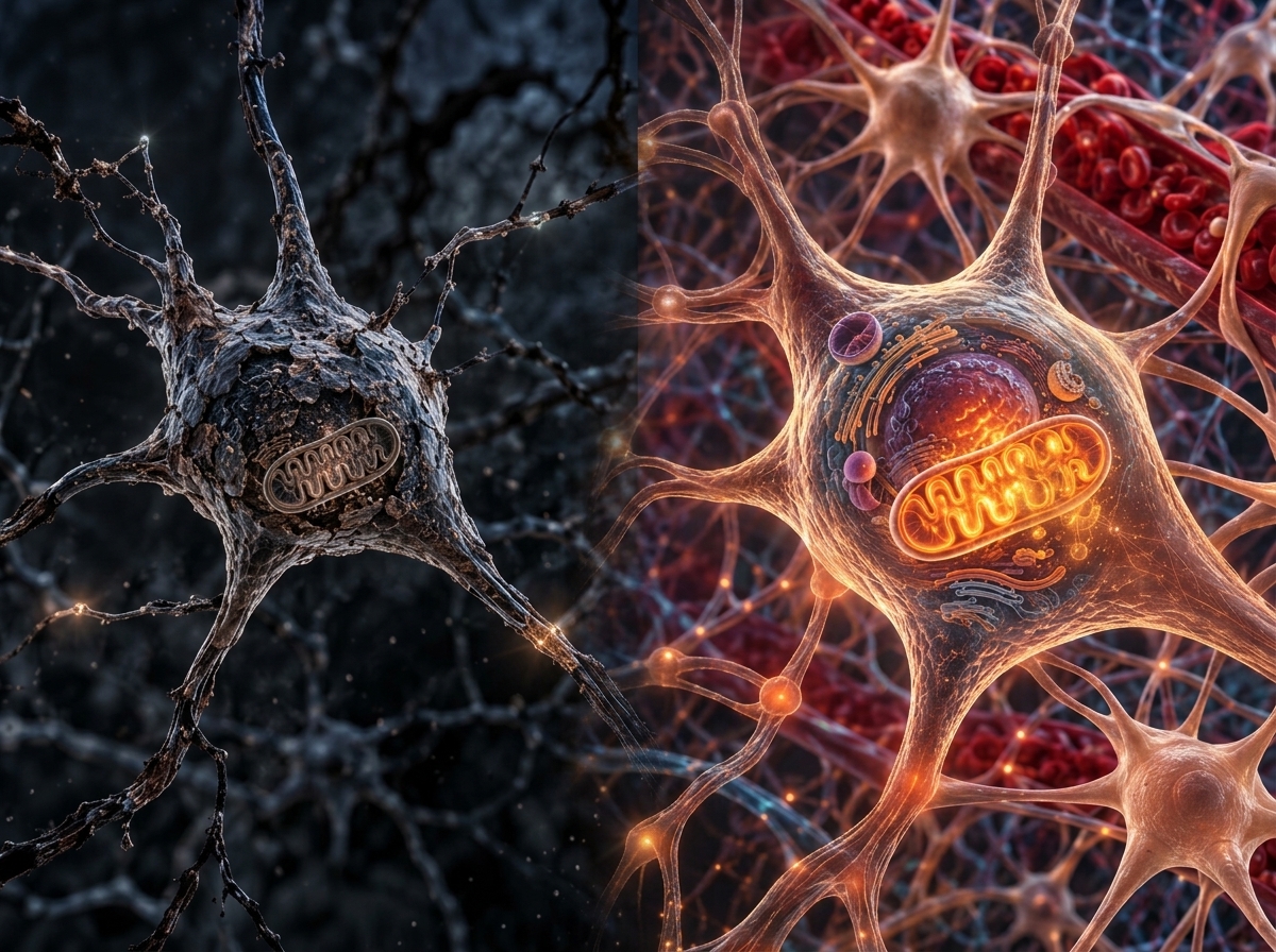 Neurônio realista com mitocôndria acesa e capilar cerebral ao lado, com fluxo de energia dourada.
