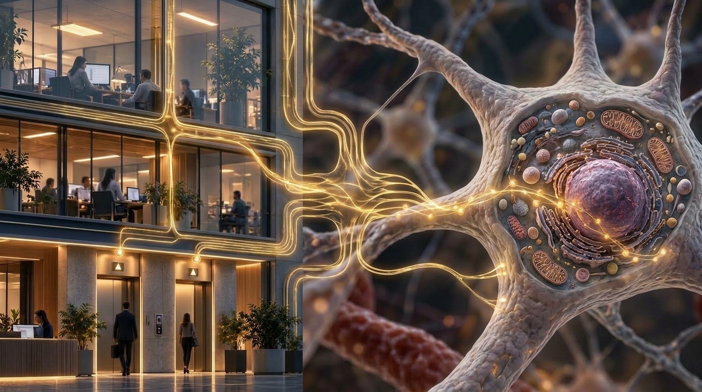 Prédio inteligente se fundindo visualmente com um neurônio, conectados por linhas douradas de energia, representando a analogia entre a energia elétrica de um edifício e o ATP no cérebro.