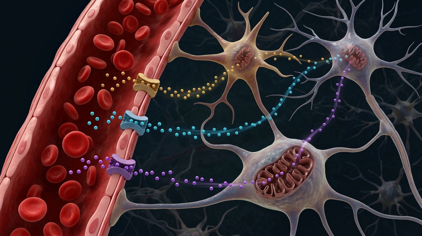 Capilar cerebral com três rotas coloridas de transporte — dourada, ciano e roxa — representando glicose, lactato e corpos cetônicos convergindo para a mitocôndria.