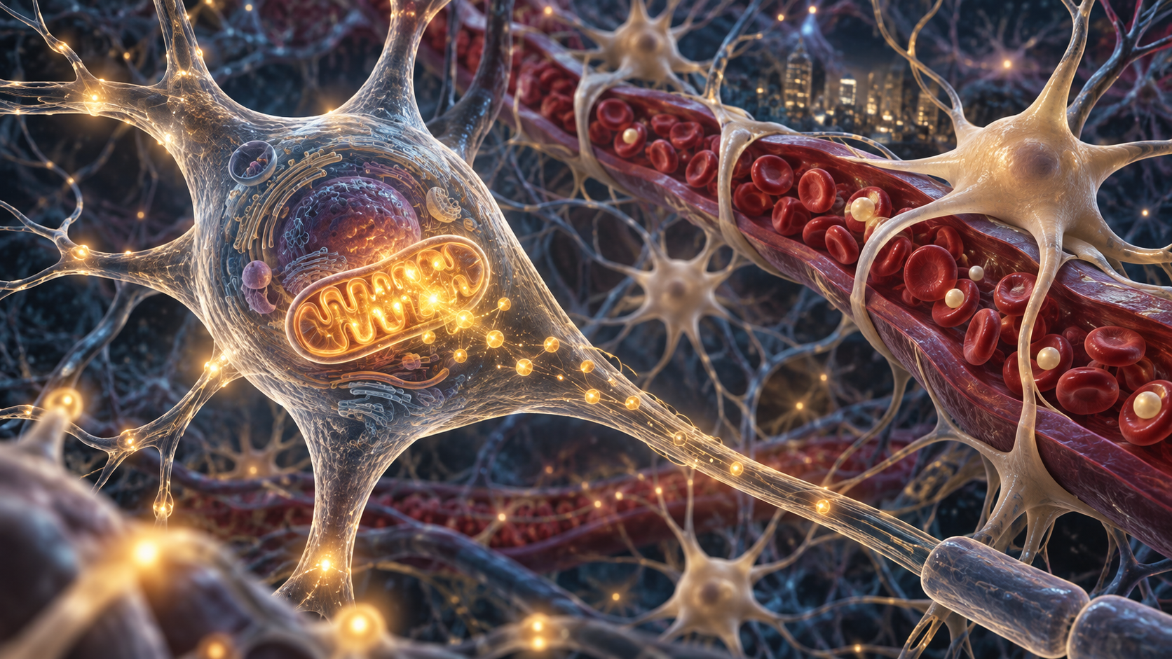 Astrócito encostado em um capilar cerebral com hemácias, representando seu papel de suporte no metabolismo energético.