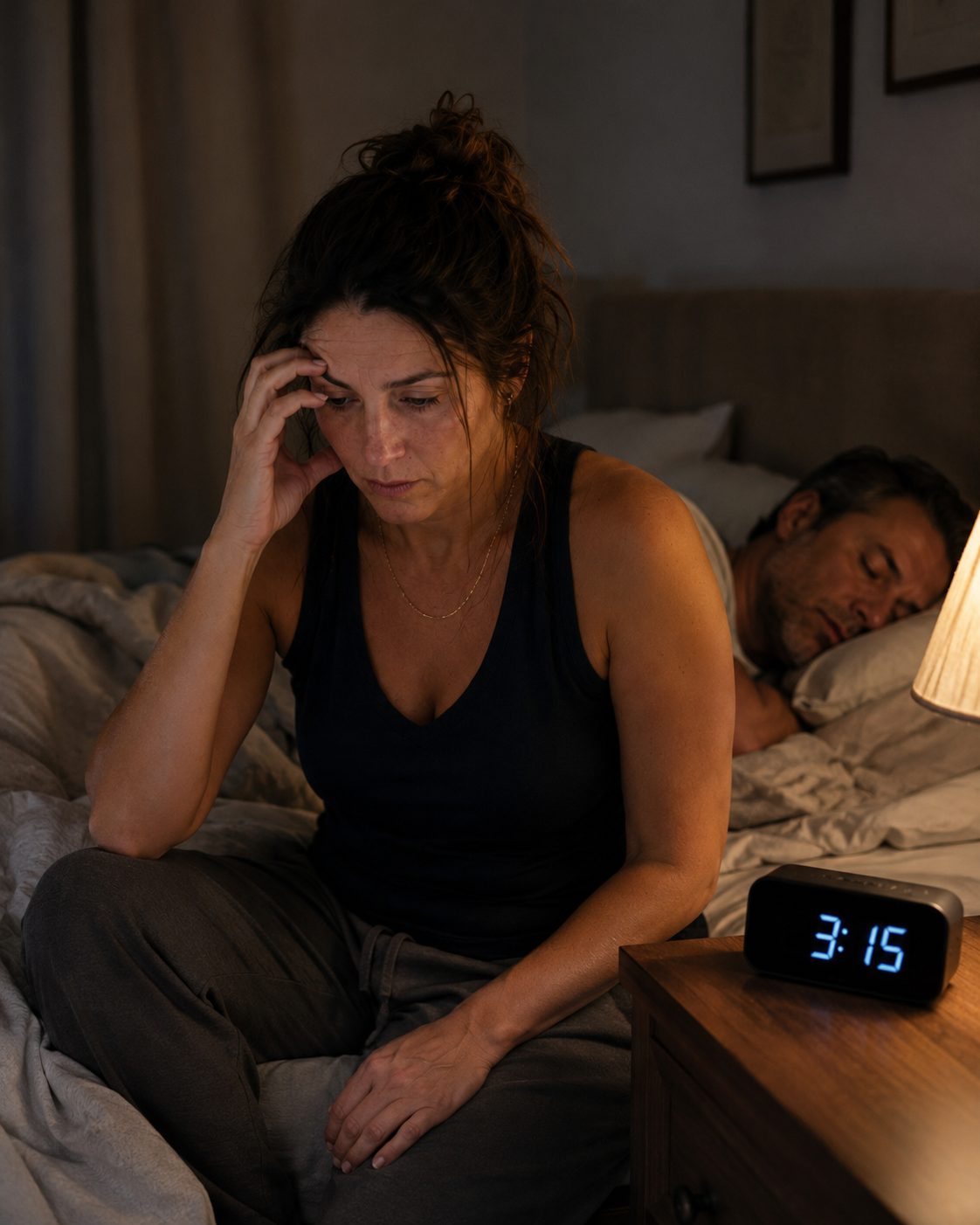 Mulher acordada de madrugada, olhos abertos, enquanto tenta voltar a dormir.