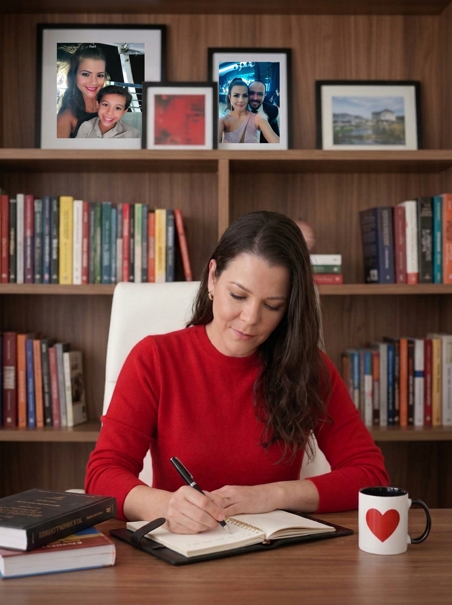 Kelli Almeida escrevendo em seu escritório, cercada de livros e fotos da família.